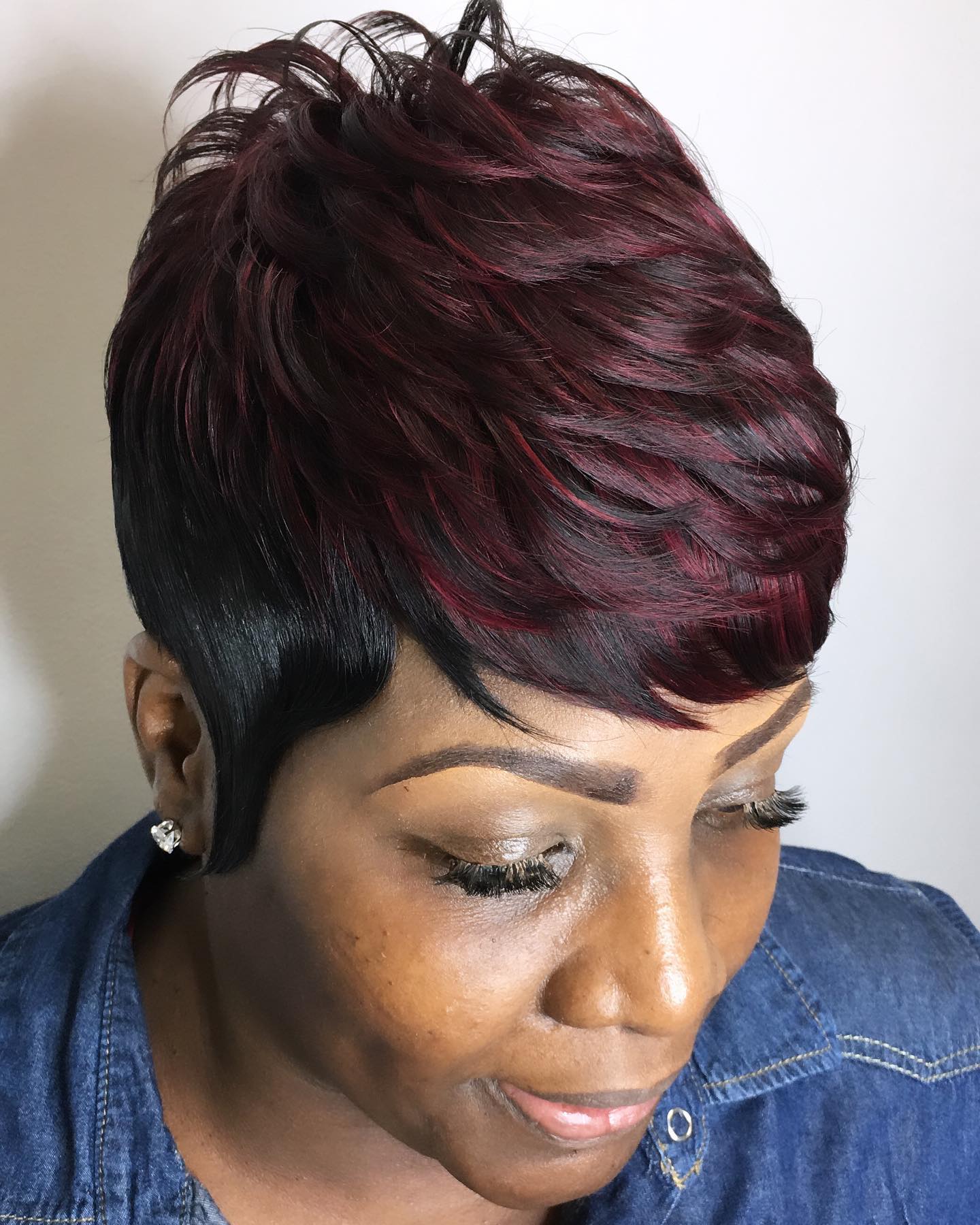 Black Piece-y Pixie with Burgundy Highlights