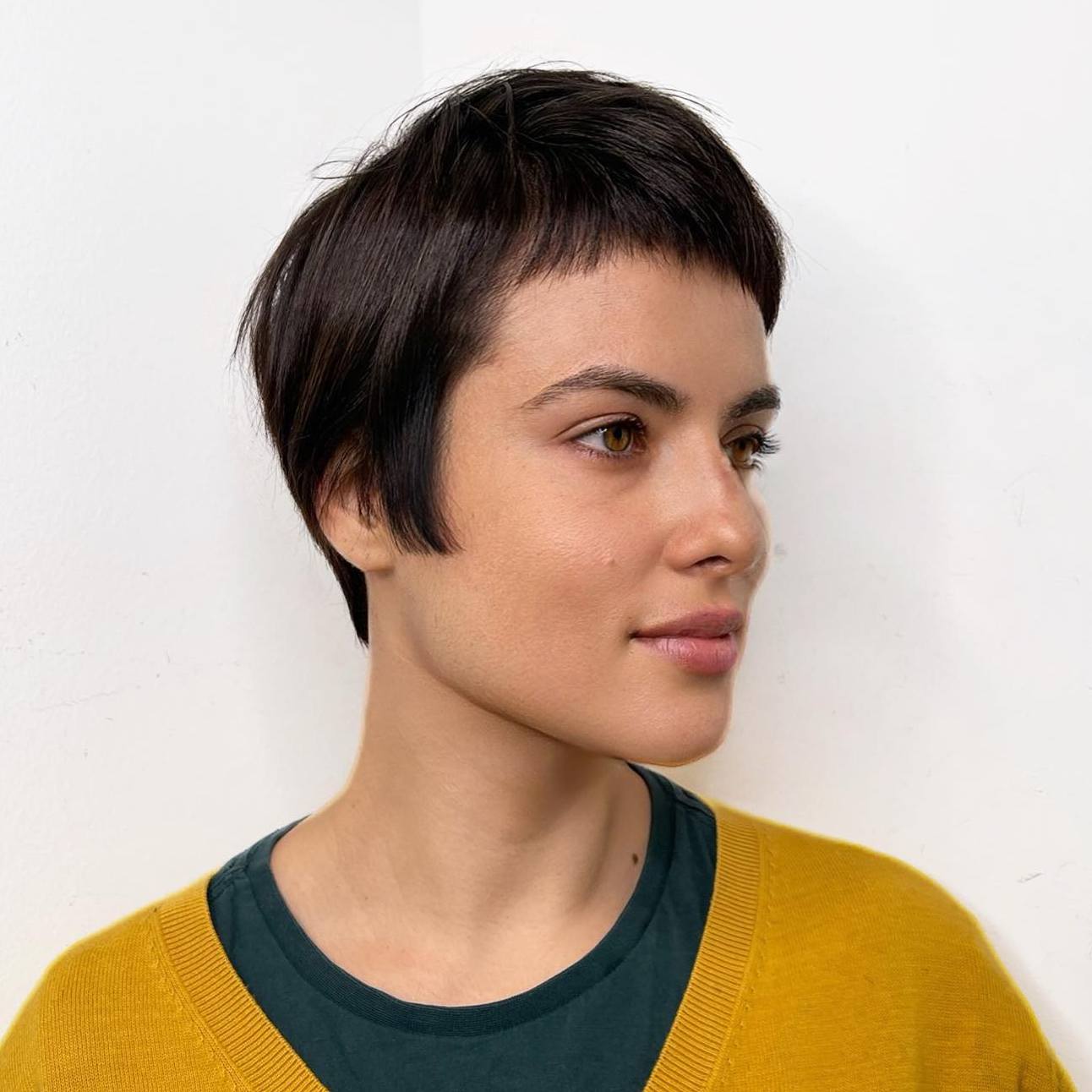 Sleek Brunette Pixie with Baby Bangs