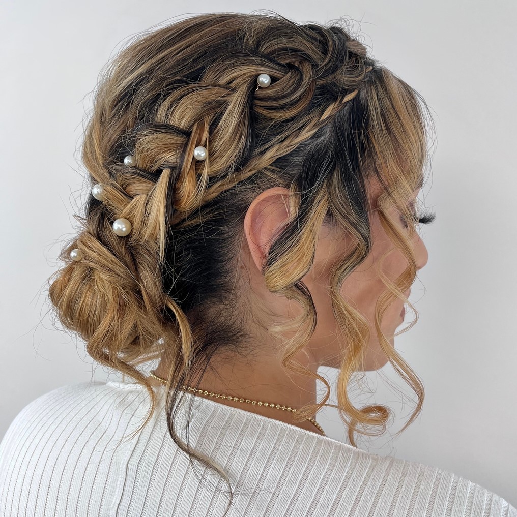 Messy Braided Updo with Pearl Pins