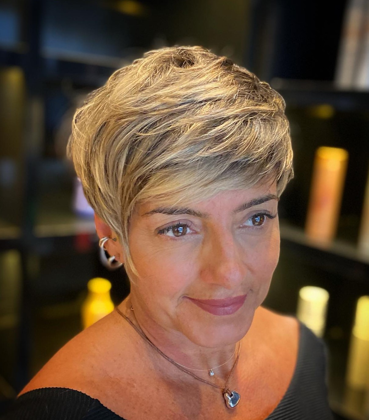 Thick Layered Pixie with Bangs Over 50